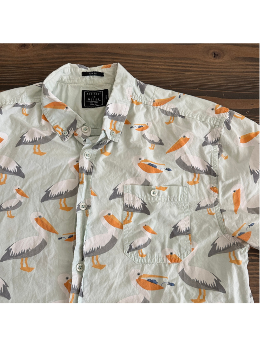 Artistry in Motion Men's L Pelican Button Down Shirt Green Coastal Art to Wear - Picture 1 of 9